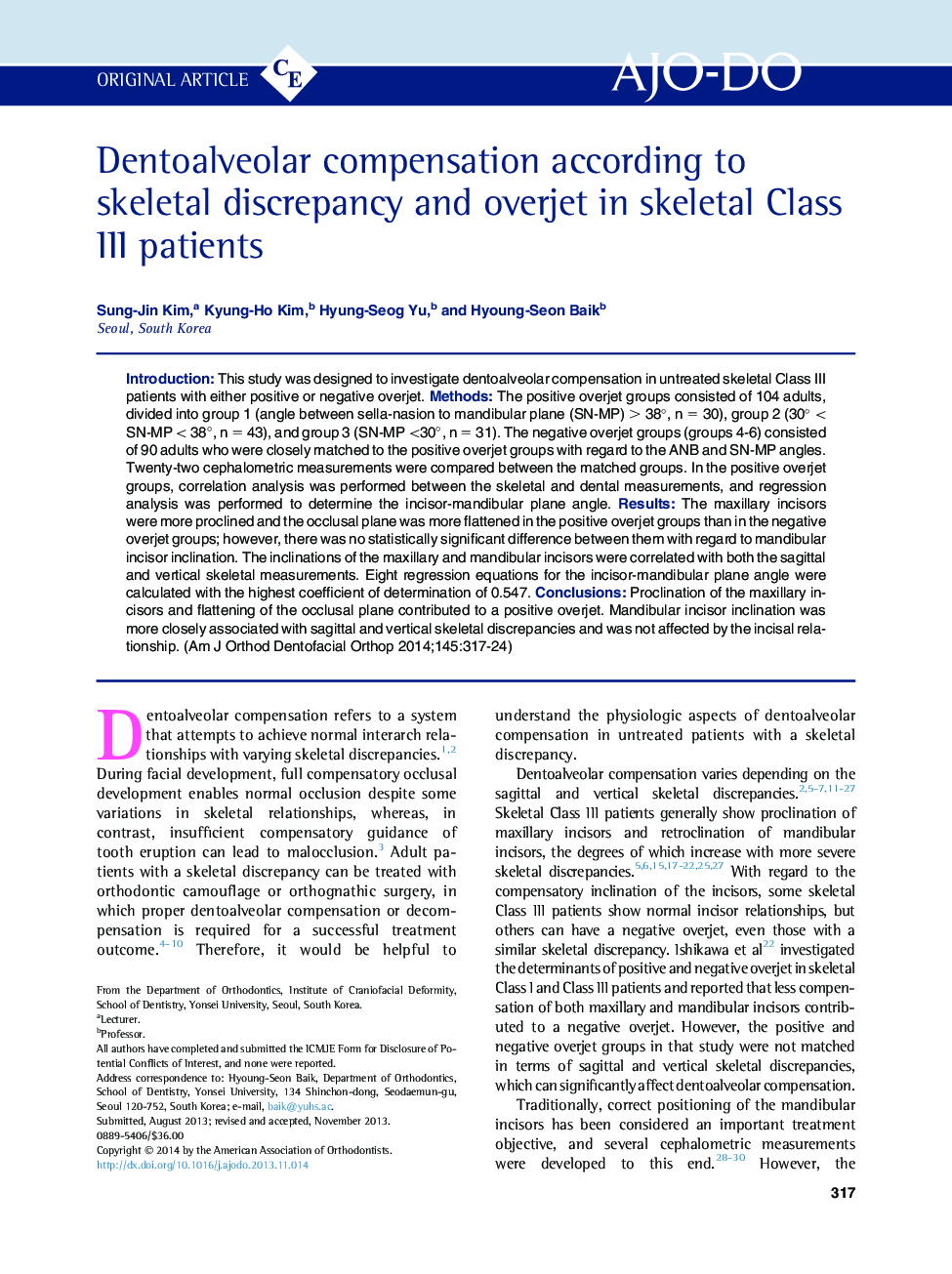 Dentoalveolar compensation according to skeletal discrepancy and overjet in skeletal Class III patients 