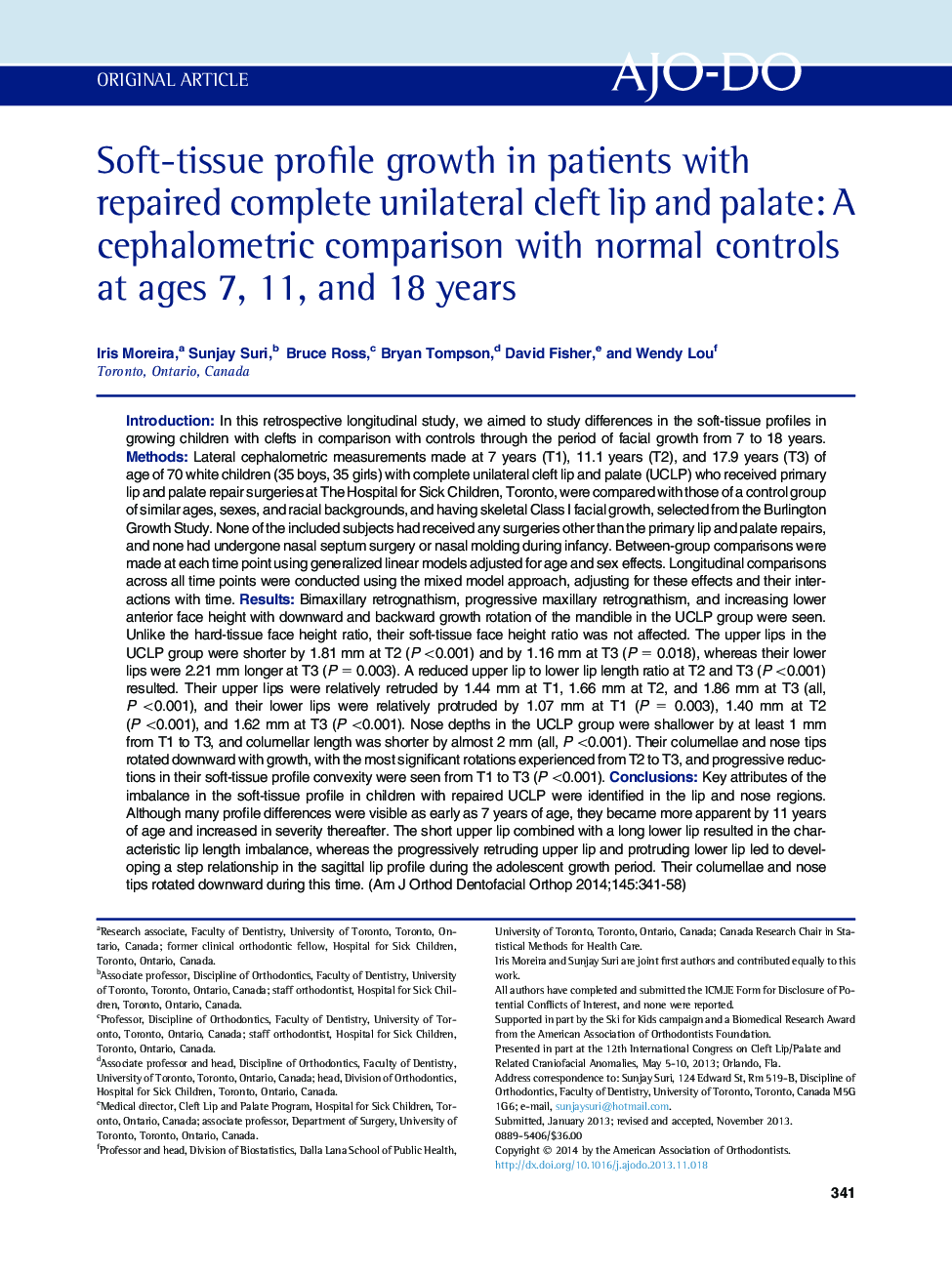 Soft-tissue profile growth in patients with repaired complete unilateral cleft lip and palate: A cephalometric comparison with normal controls at ages 7, 11, and 18 years 