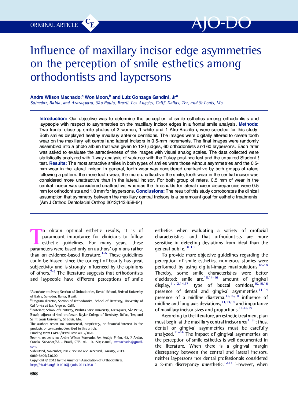 Influence of maxillary incisor edge asymmetries on the perception of smile esthetics among orthodontists and laypersons 