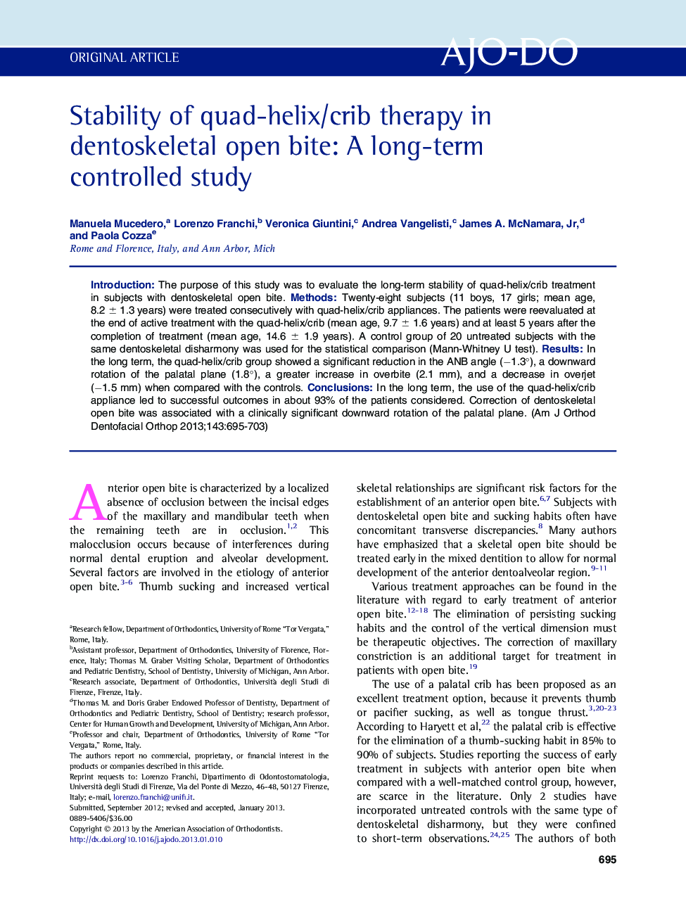 Stability of quad-helix/crib therapy in dentoskeletal open bite: A long-term controlled study 