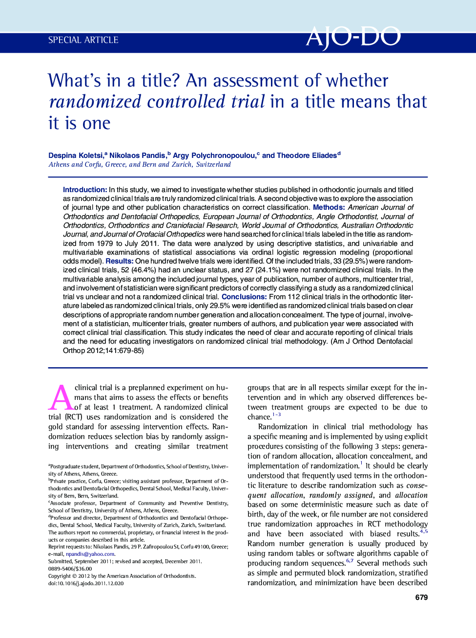 What’s in a title? An assessment of whether randomized controlled trial in a title means that it is one 