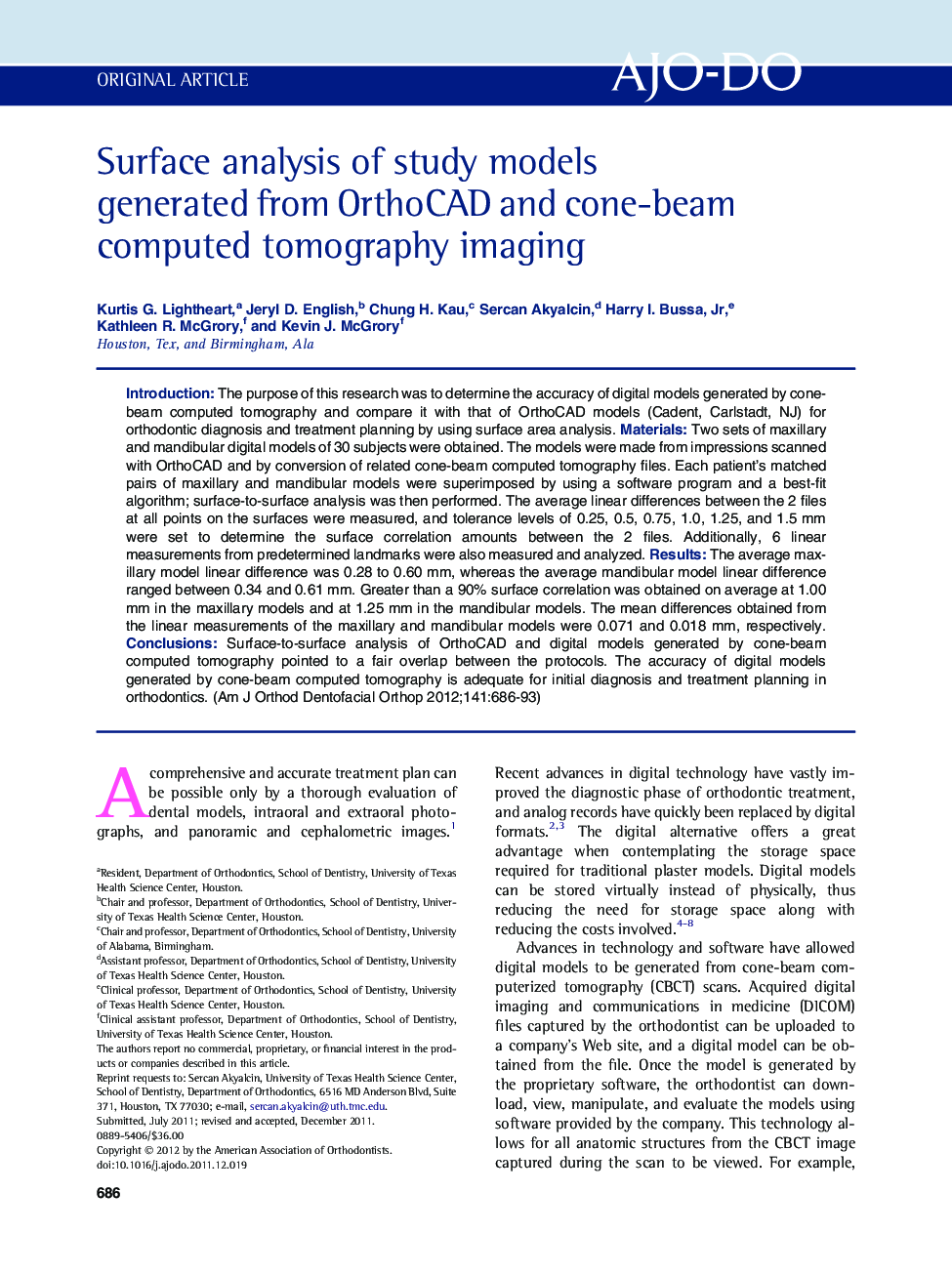 Surface analysis of study models generated from OrthoCAD and cone-beam computed tomography imaging