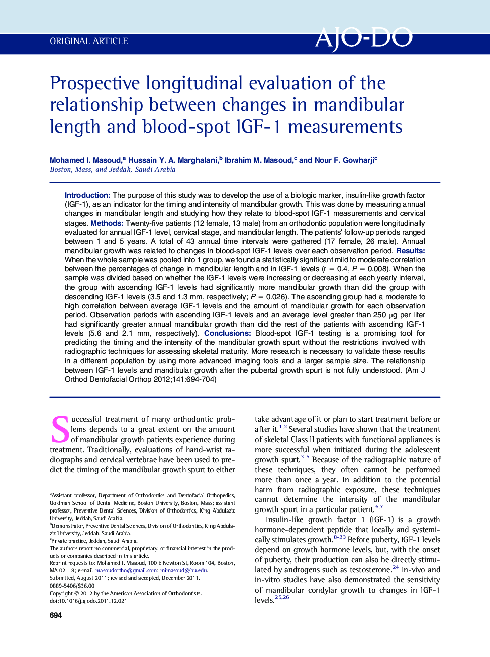 Prospective longitudinal evaluation of the relationship between changes in mandibular length and blood-spot IGF-1 measurements 