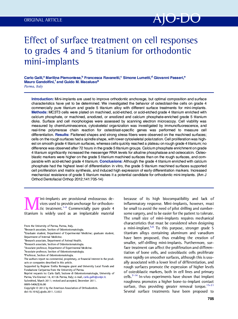 Effect of surface treatment on cell responses to grades 4 and 5 titanium for orthodontic mini-implants 