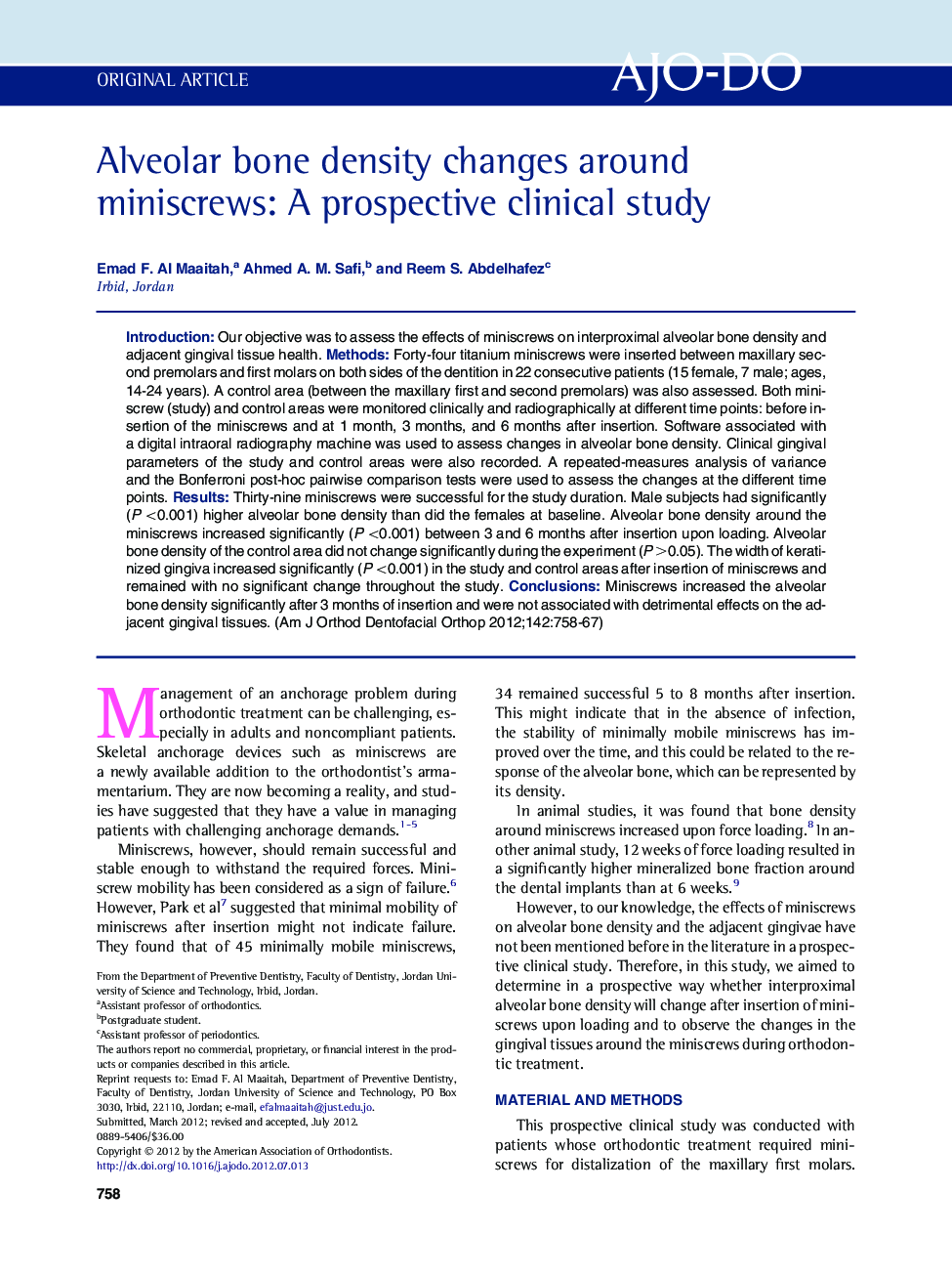 Alveolar bone density changes around miniscrews: A prospective clinical study 