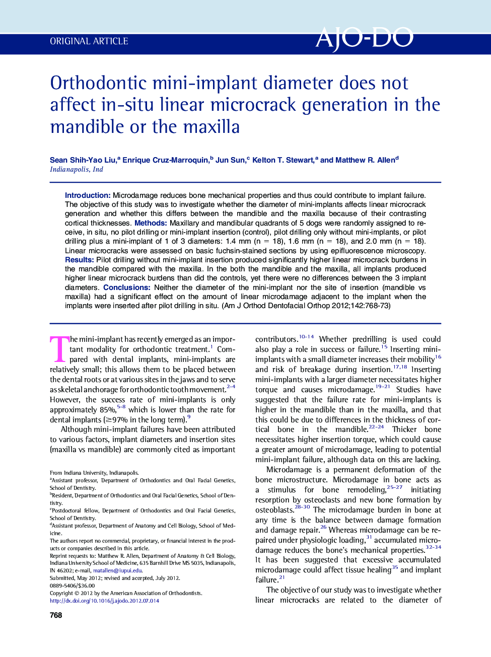 Orthodontic mini-implant diameter does not affect in-situ linear microcrack generation in the mandible or the maxilla 