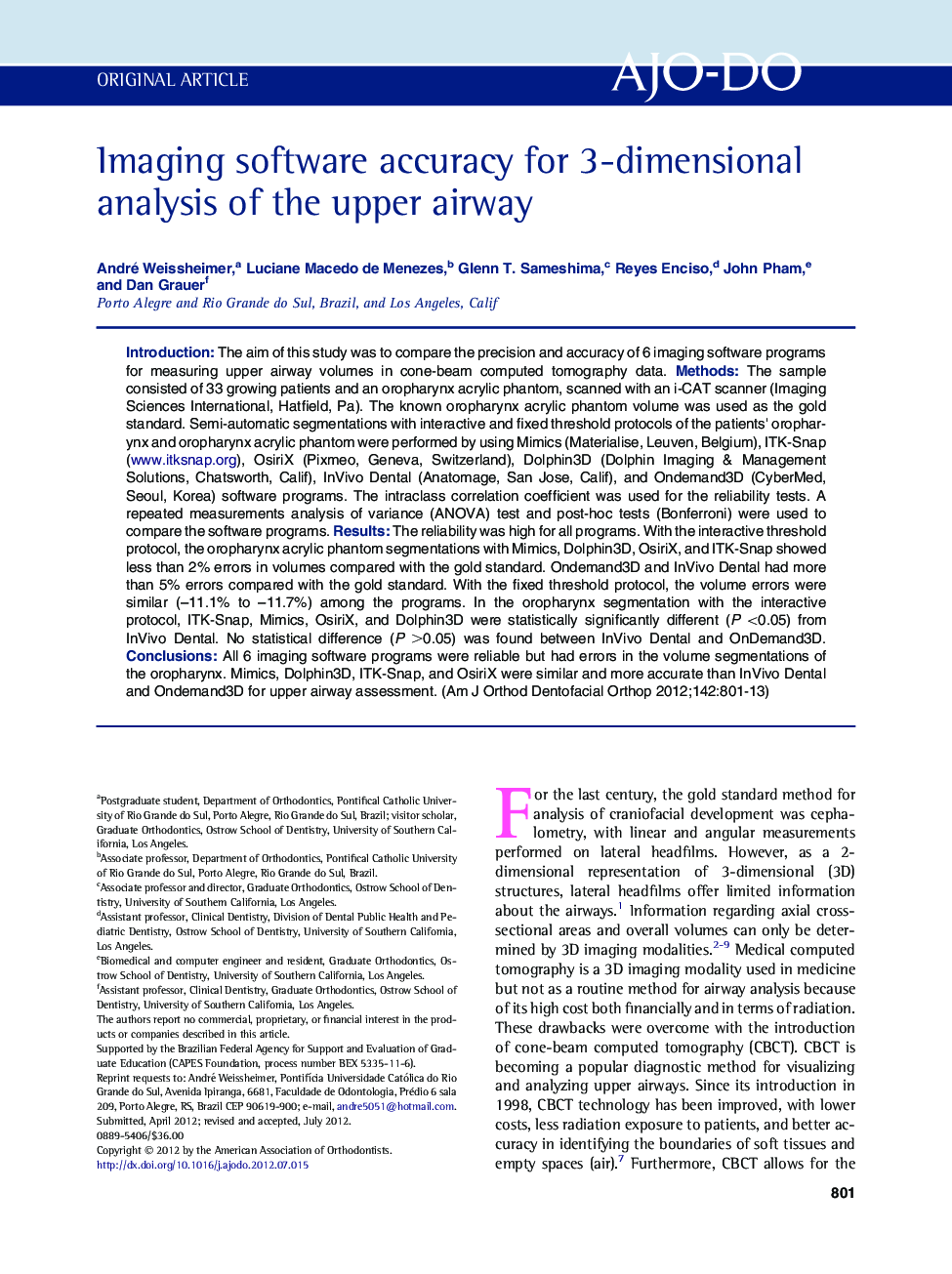 Imaging software accuracy for 3-dimensional analysis of the upper airway 