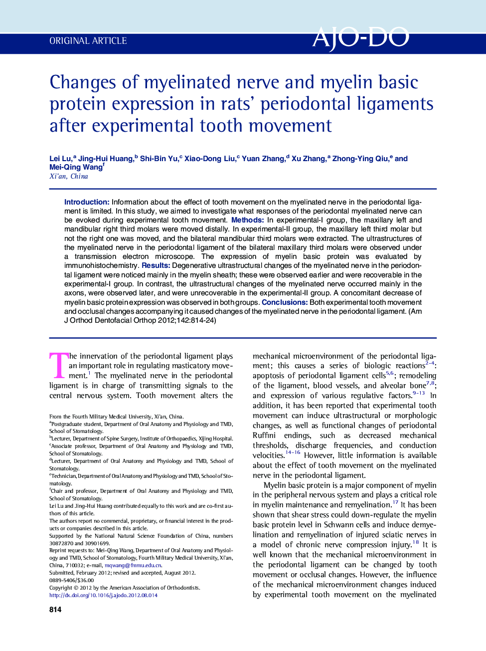 Changes of myelinated nerve and myelin basic protein expression in rats' periodontal ligaments after experimental tooth movement 