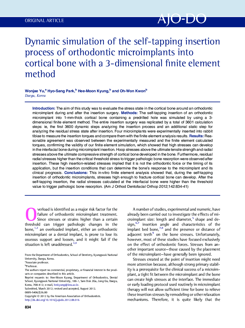 Dynamic simulation of the self-tapping insertion process of orthodontic microimplants into cortical bone with a 3-dimensional finite element method 