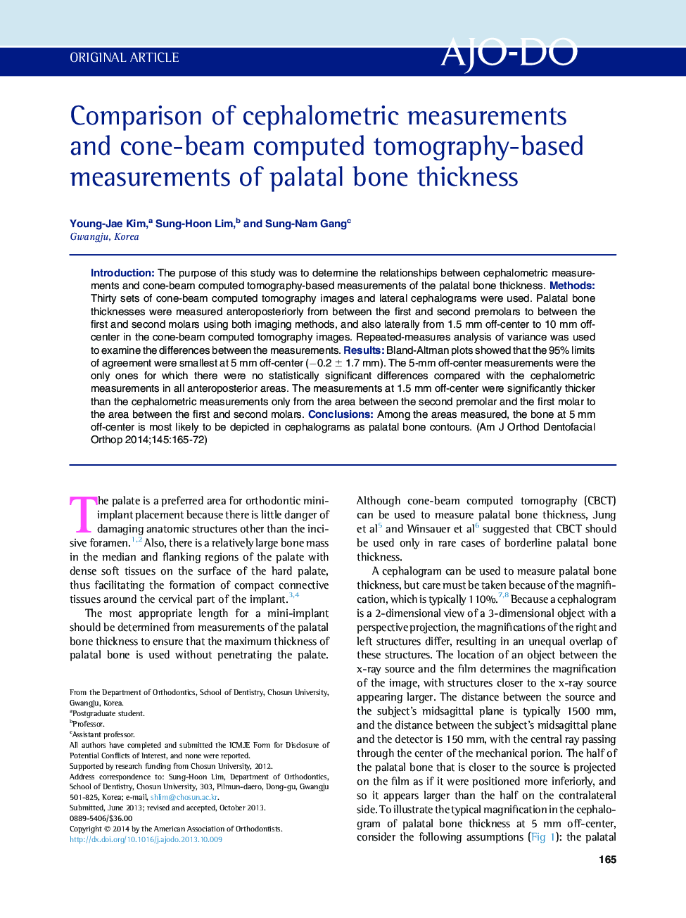 Comparison of cephalometric measurements and cone-beam computed tomography-based measurements of palatal bone thickness 