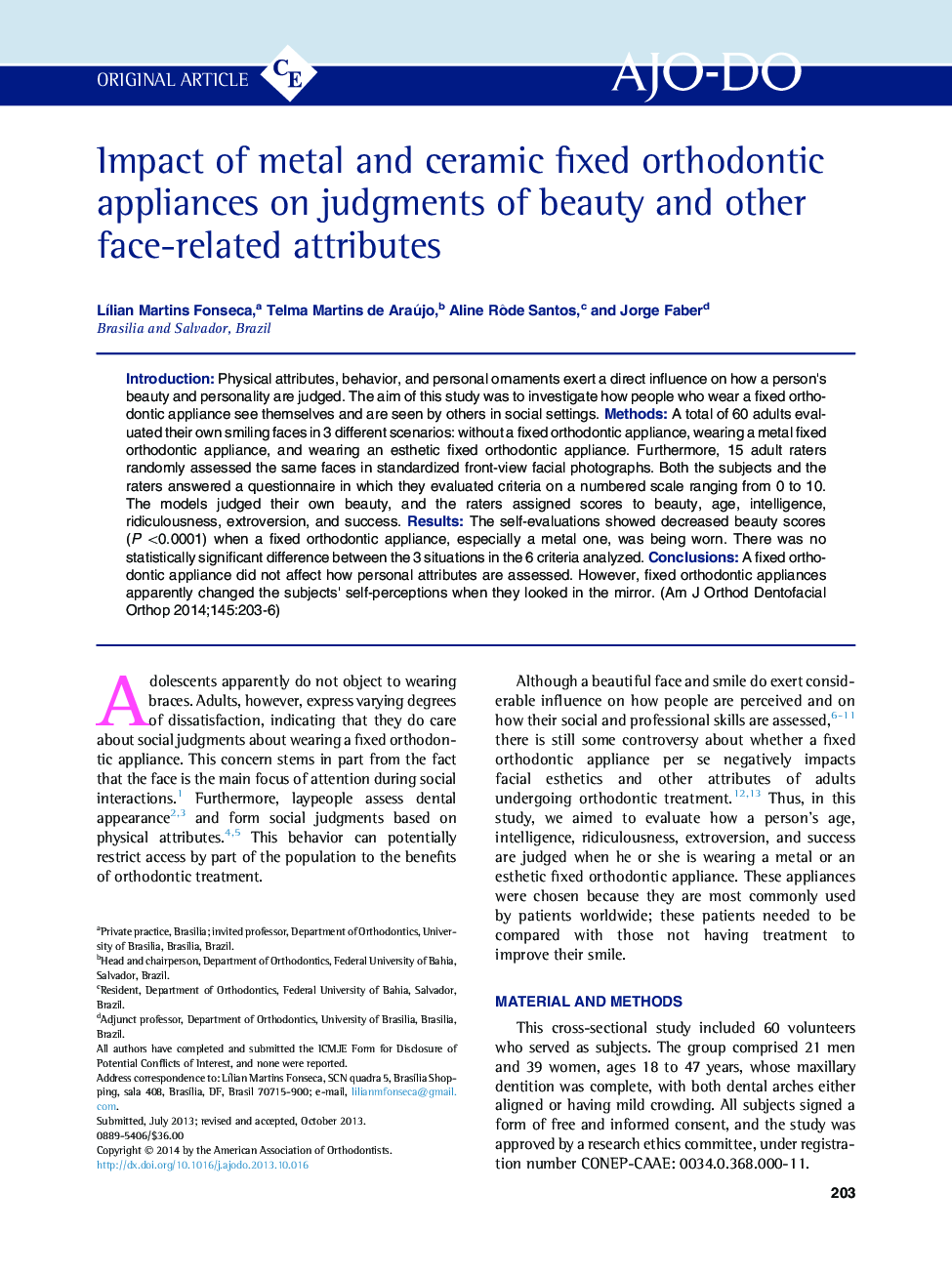 Impact of metal and ceramic fixed orthodontic appliances on judgments of beauty and other face-related attributes 