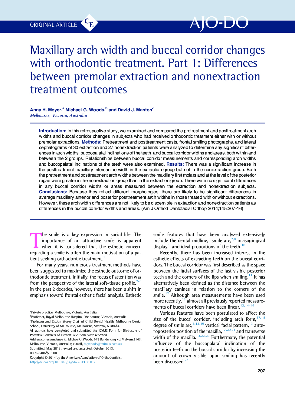 Maxillary arch width and buccal corridor changes with orthodontic treatment. Part 1: Differences between premolar extraction and nonextraction treatment outcomes 