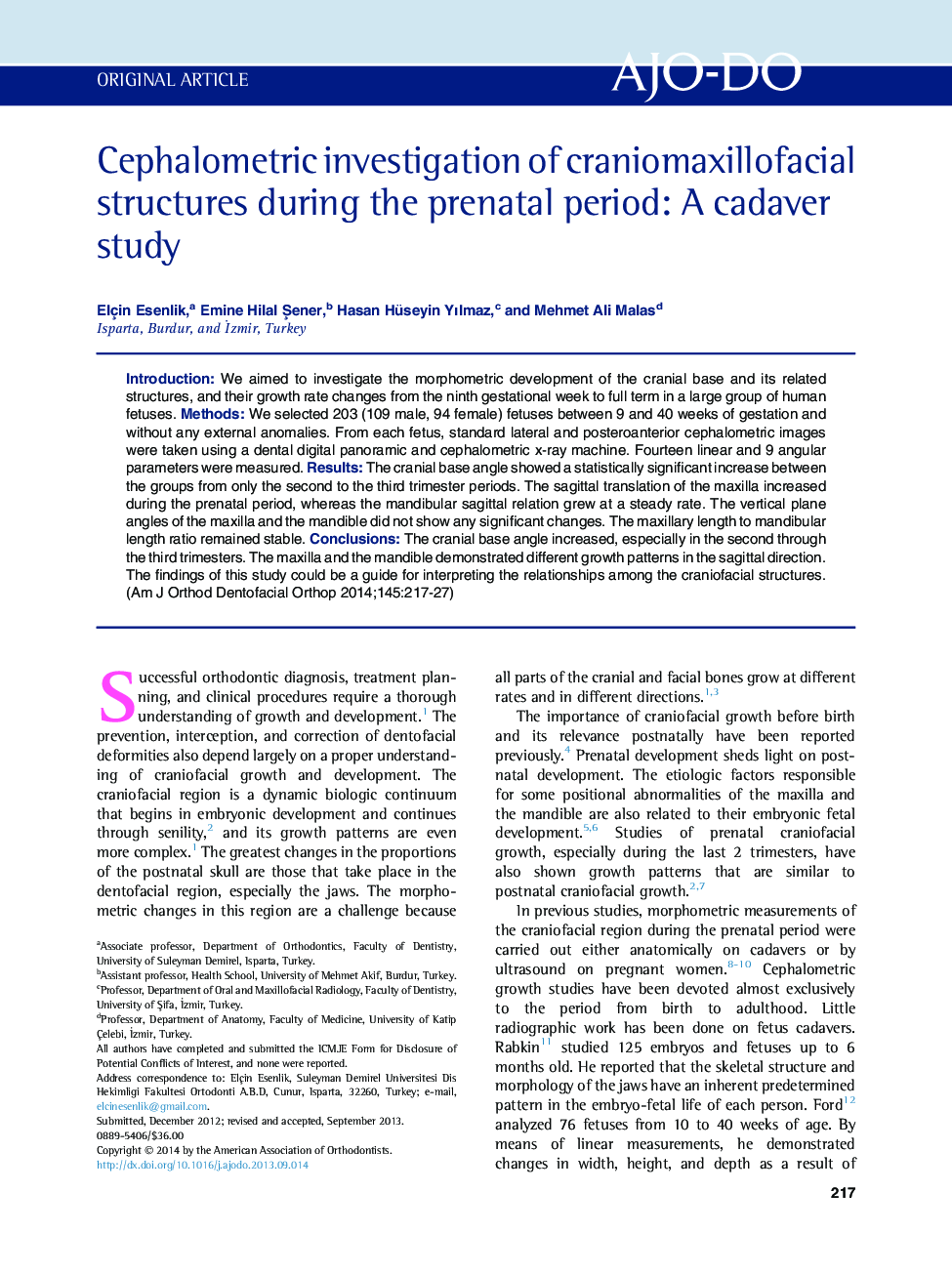 Cephalometric investigation of craniomaxillofacial structures during the prenatal period: A cadaver study 