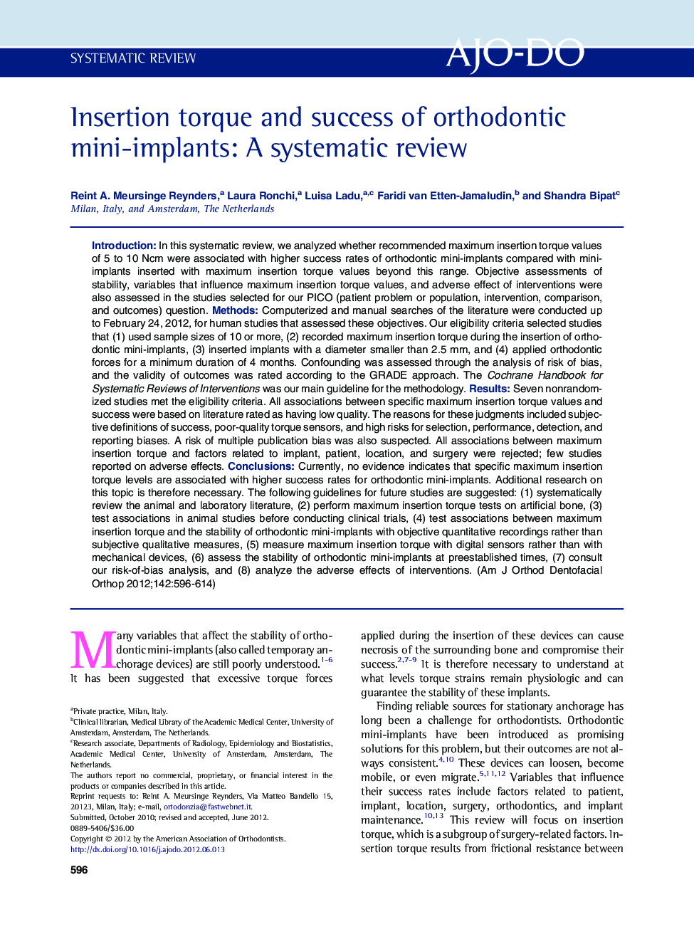 Insertion torque and success of orthodontic mini-implants: A systematic review