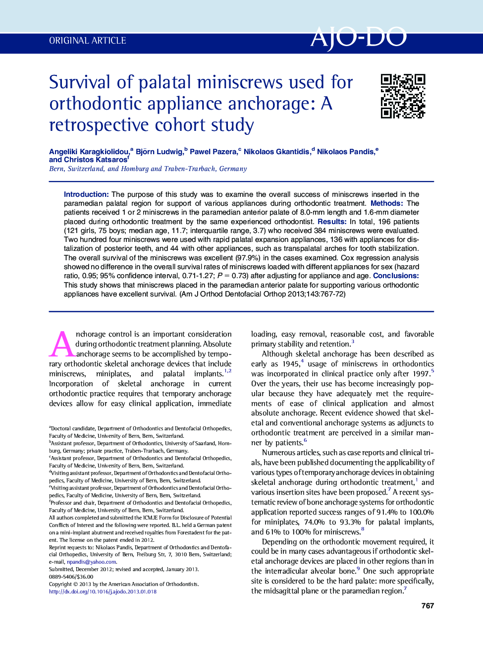 Survival of palatal miniscrews used for orthodontic appliance anchorage: A retrospective cohort study 