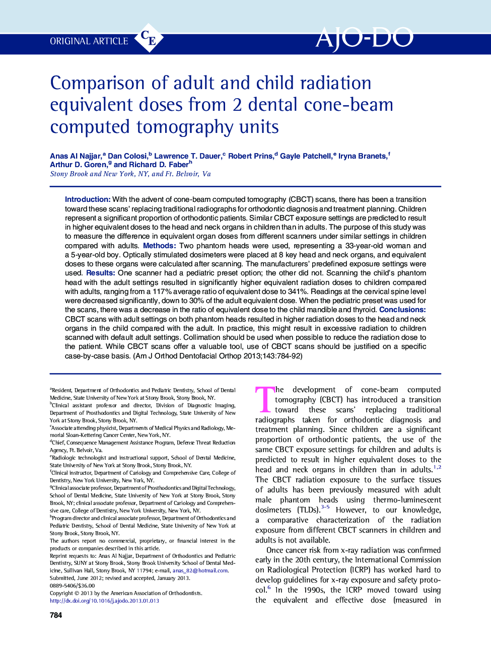 Comparison of adult and child radiation equivalent doses from 2 dental cone-beam computed tomography units 