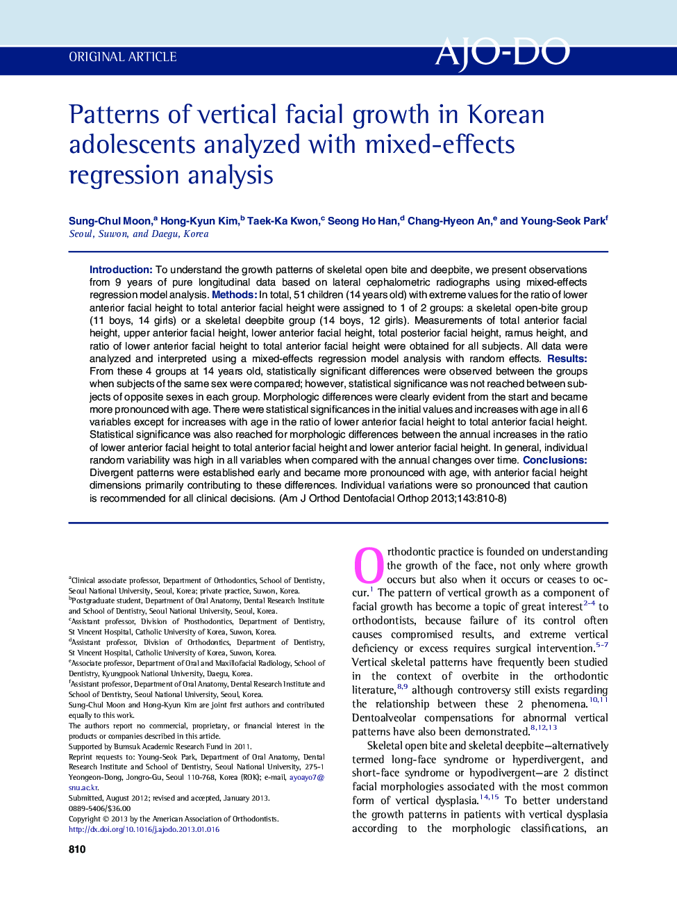 Patterns of vertical facial growth in Korean adolescents analyzed with mixed-effects regression analysis 