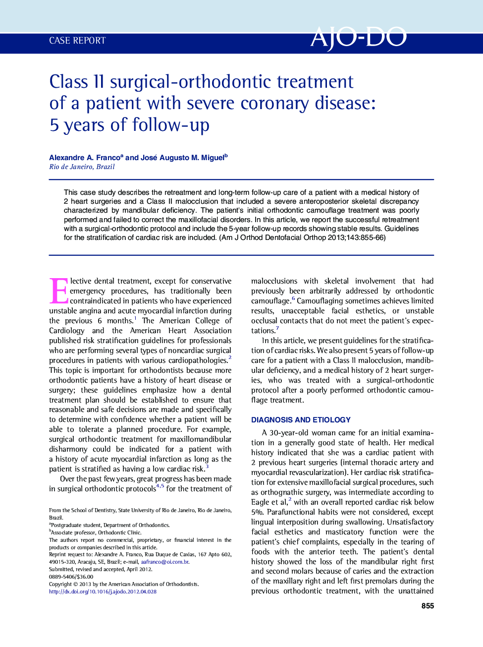 Class II surgical-orthodontic treatment of a patient with severe coronary disease: 5 years of follow-up 