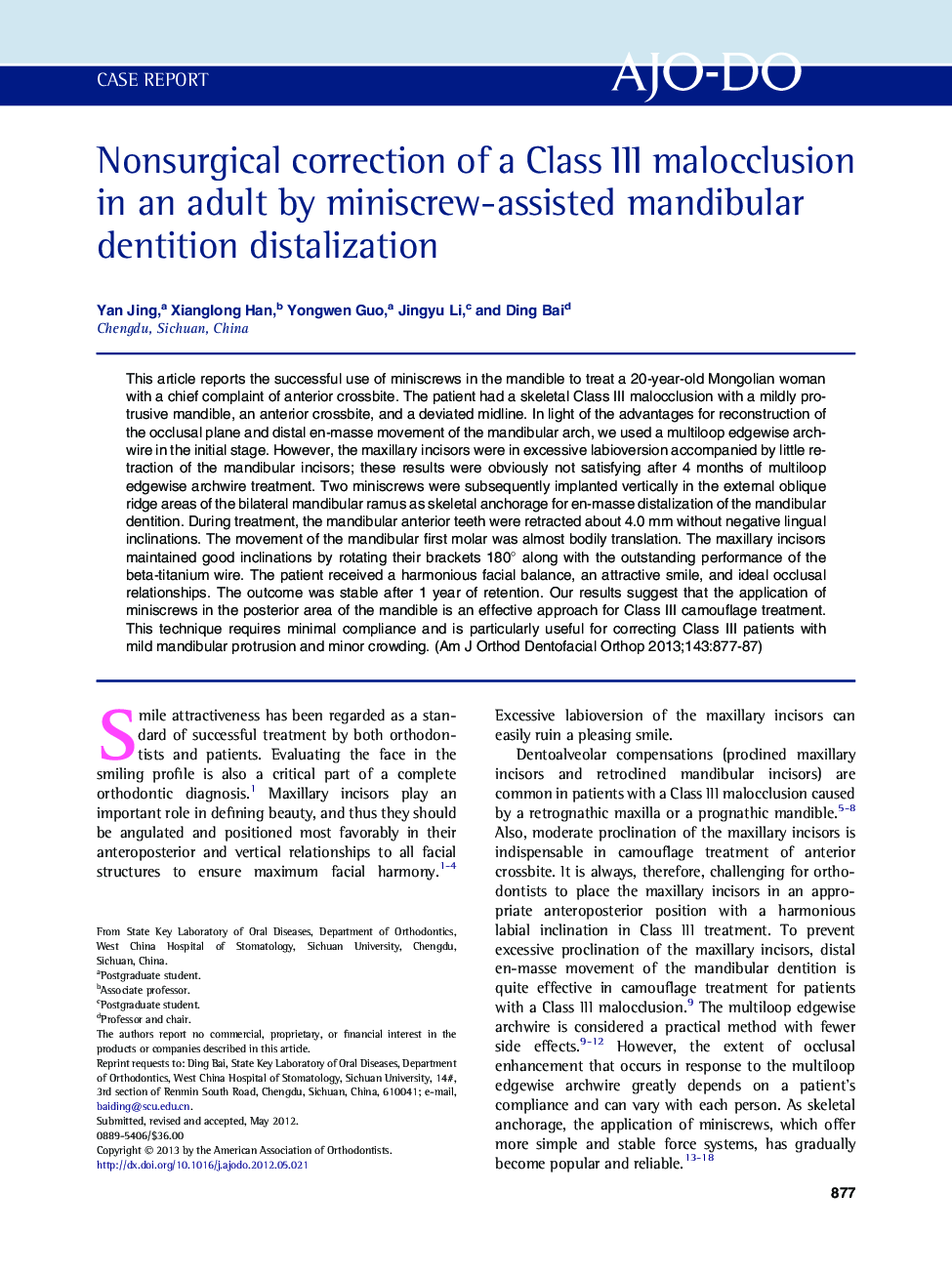 Nonsurgical correction of a Class III malocclusion in an adult by miniscrew-assisted mandibular dentition distalization 