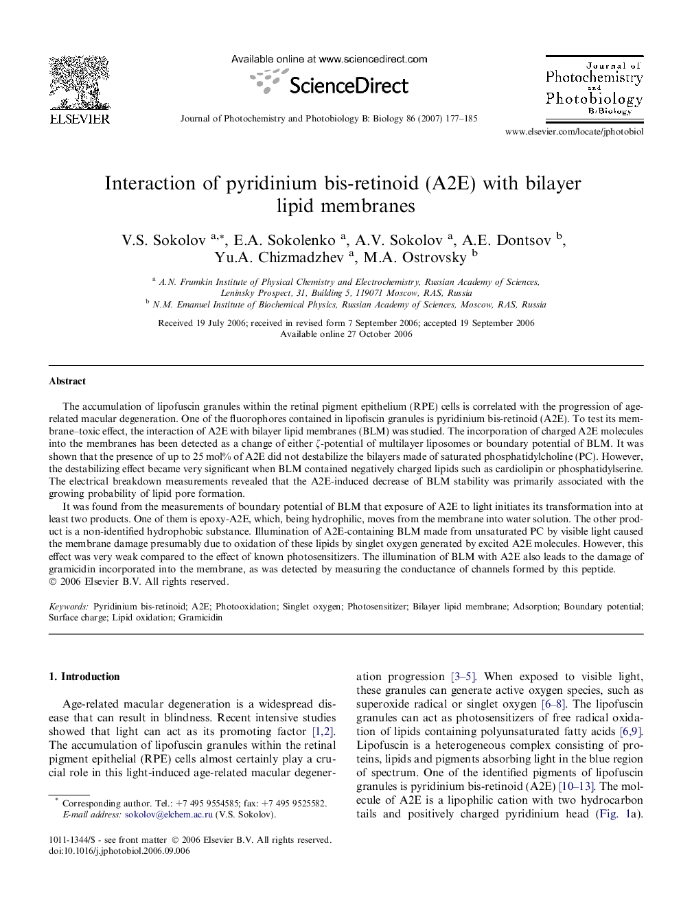 Interaction of pyridinium bis-retinoid (A2E) with bilayer lipid membranes