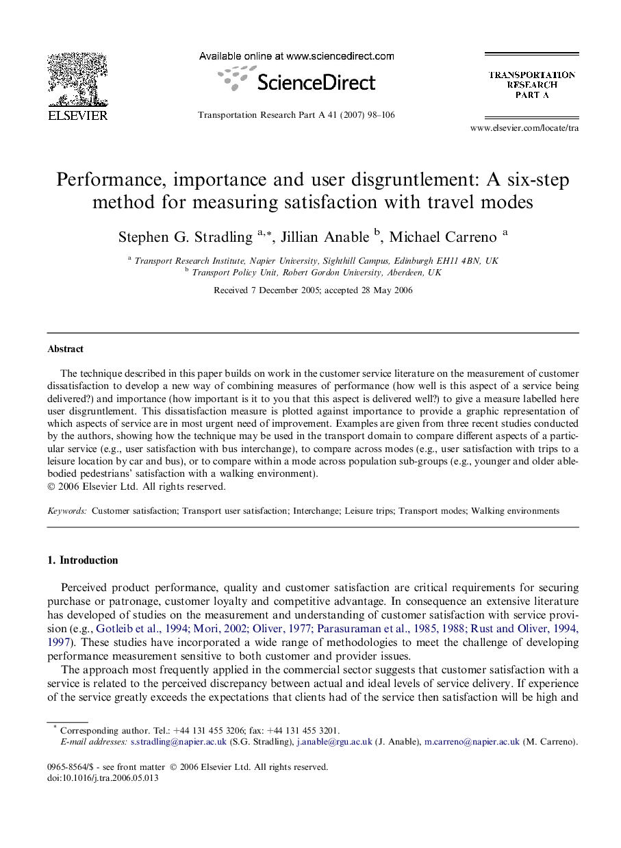 Performance, importance and user disgruntlement: A six-step method for measuring satisfaction with travel modes