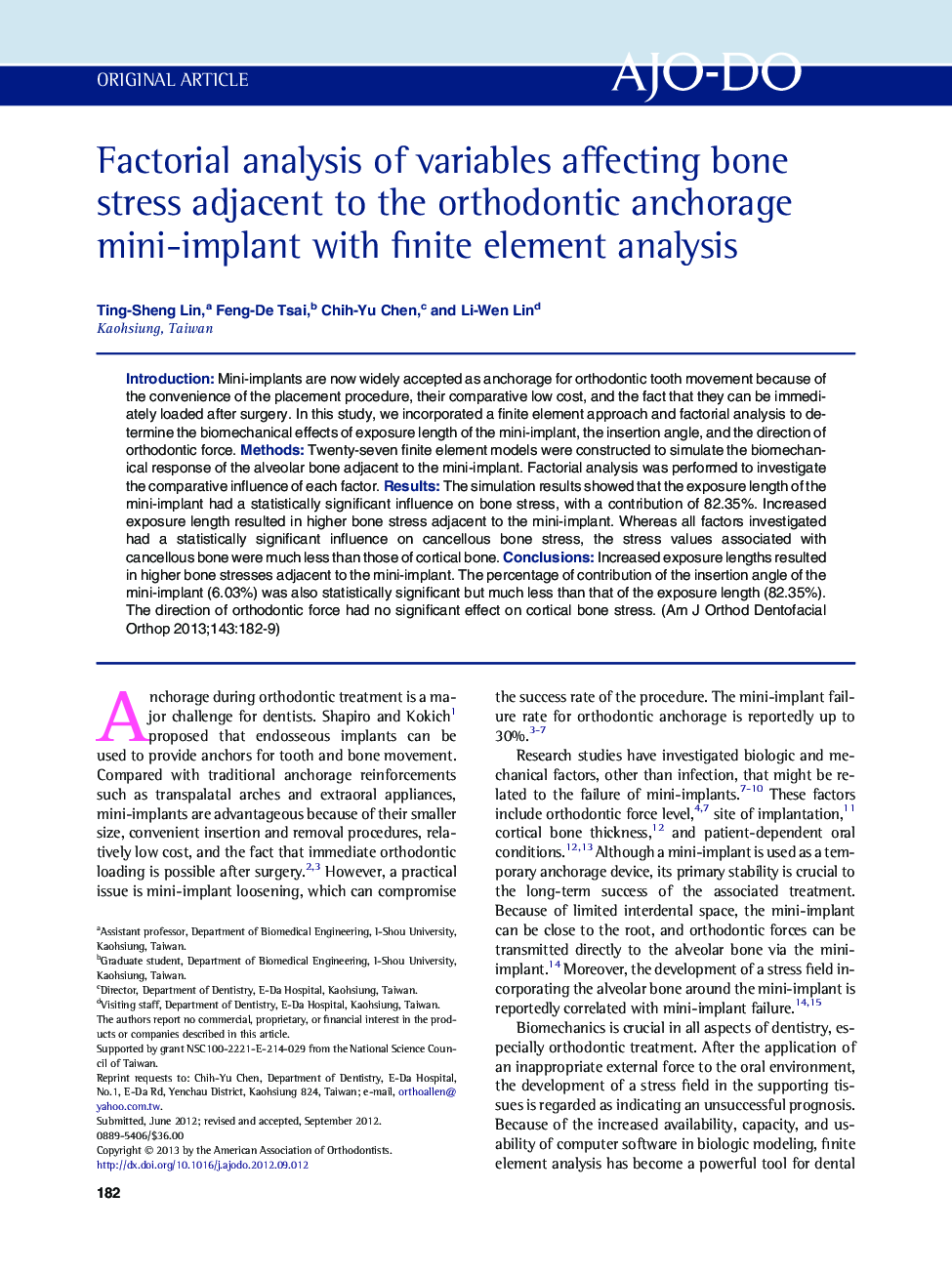 Factorial analysis of variables affecting bone stress adjacent to the orthodontic anchorage mini-implant with finite element analysis 