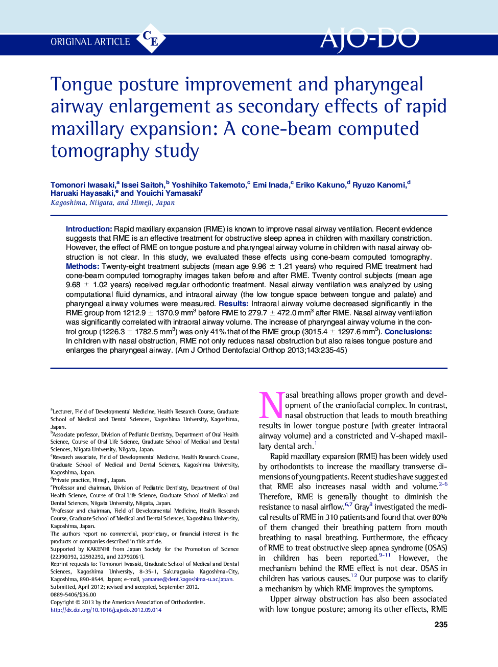 Tongue posture improvement and pharyngeal airway enlargement as secondary effects of rapid maxillary expansion: A cone-beam computed tomography study 