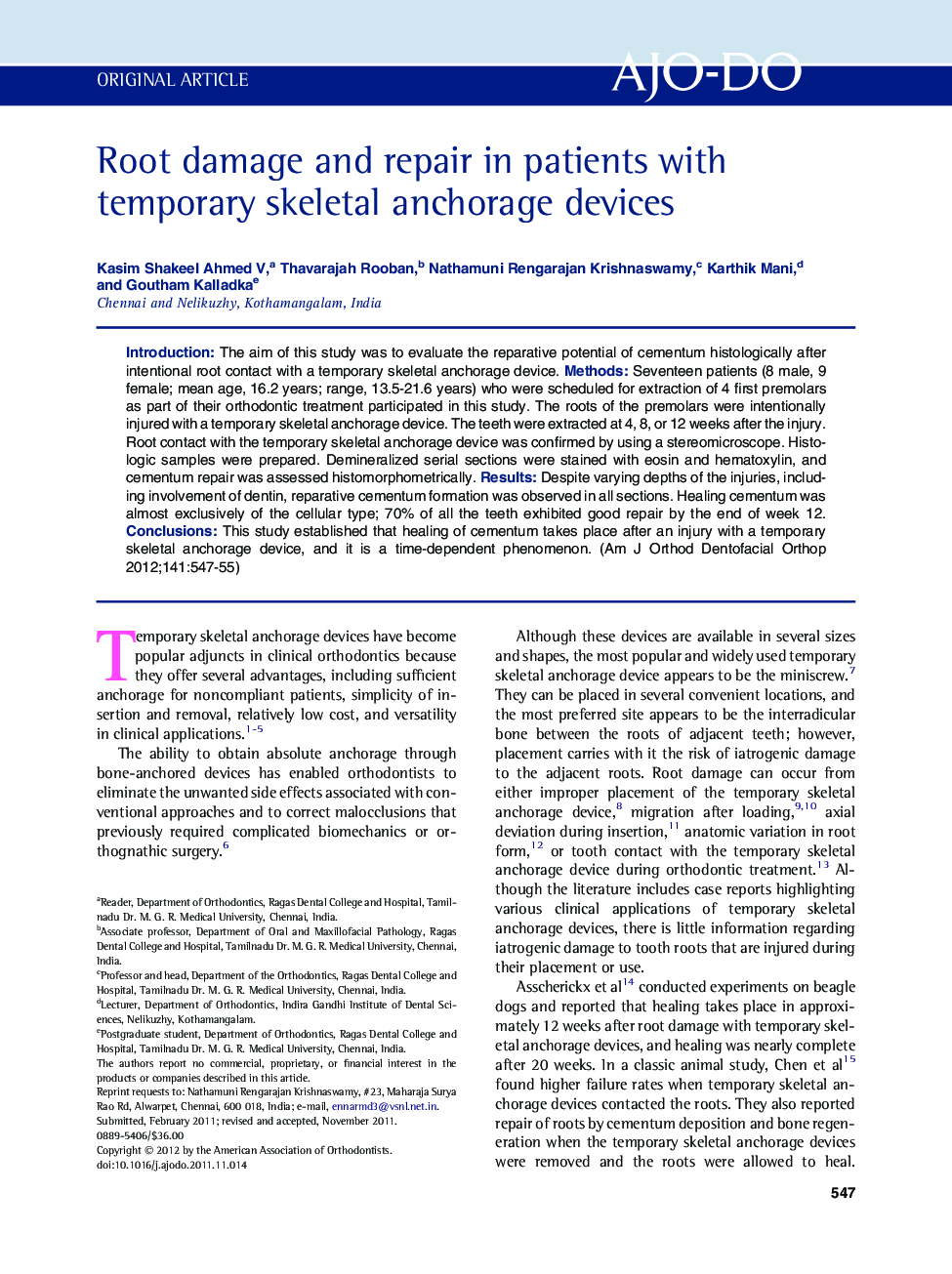 Root damage and repair in patients with temporary skeletal anchorage devices 