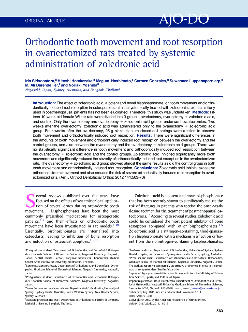 Orthodontic tooth movement and root resorption in ovariectomized rats treated by systemic administration of zoledronic acid 