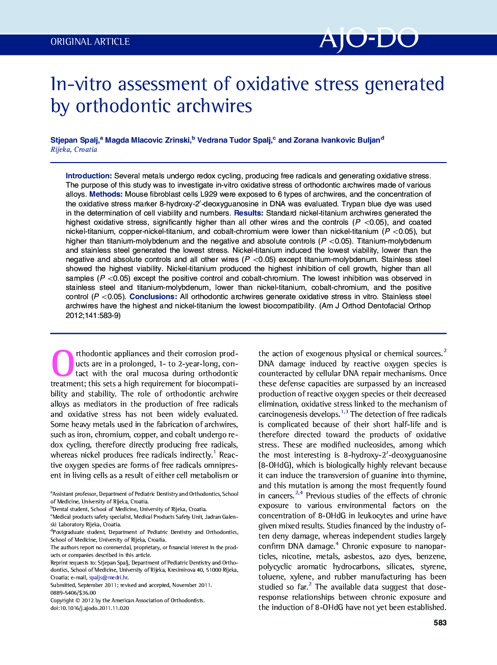 In-vitro assessment of oxidative stress generated by orthodontic archwires 