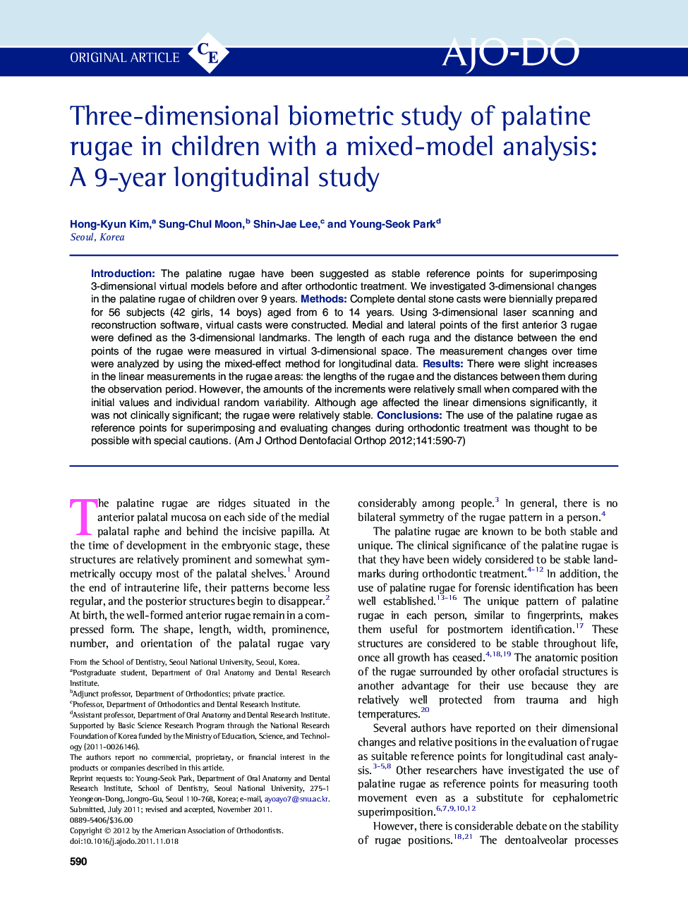 Three-dimensional biometric study of palatine rugae in children with a mixed-model analysis: A 9-year longitudinal study 