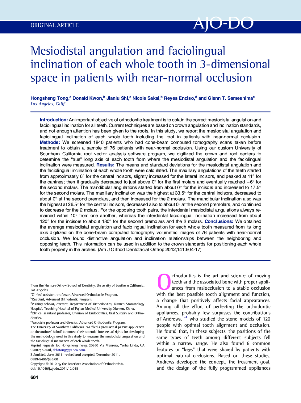 Mesiodistal angulation and faciolingual inclination of each whole tooth in 3-dimensional space in patients with near-normal occlusion 