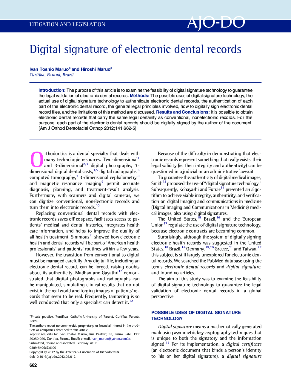 Digital signature of electronic dental records 