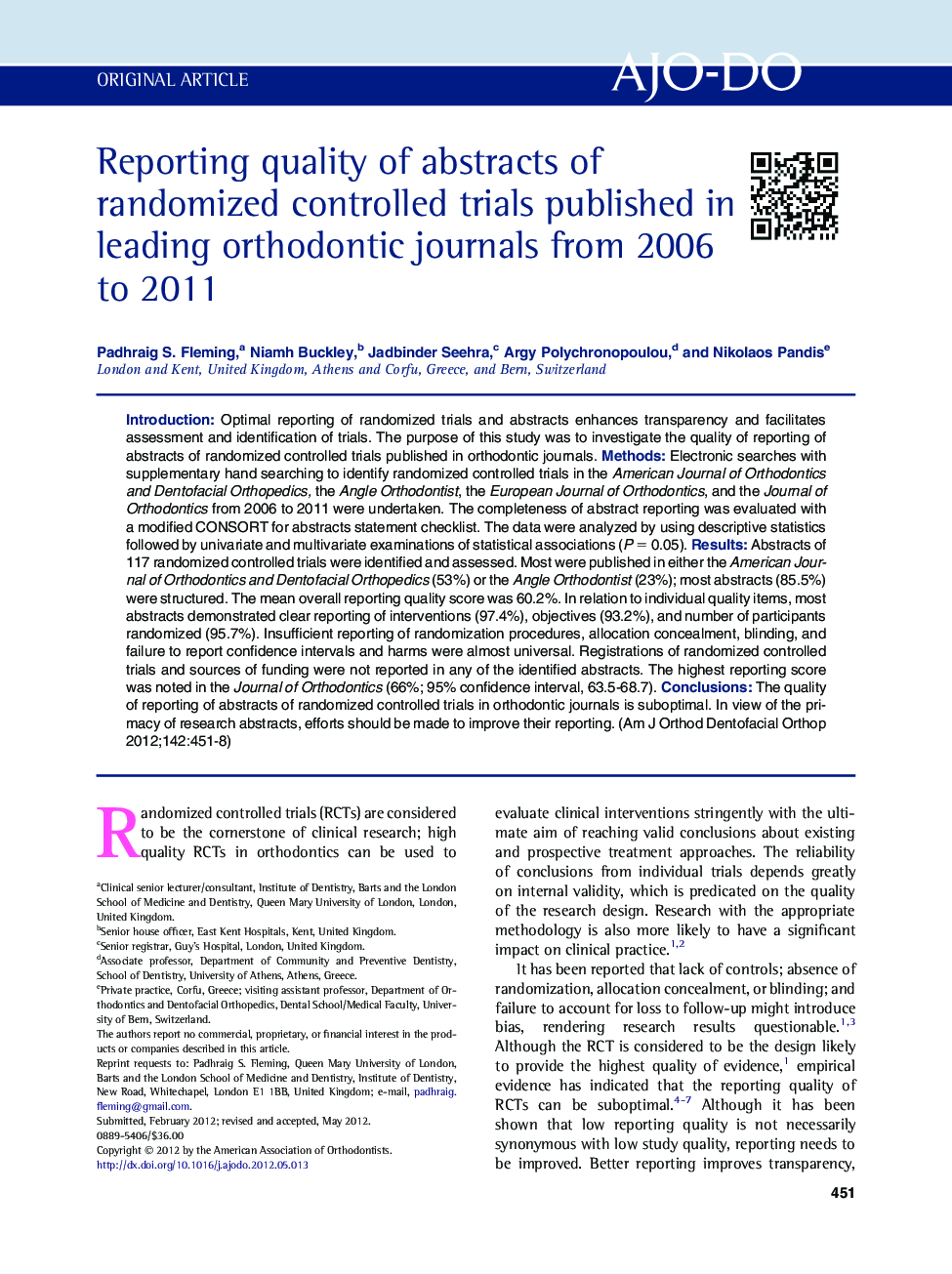 Reporting quality of abstracts of randomized controlled trials published in leading orthodontic journals from 2006 to 2011 