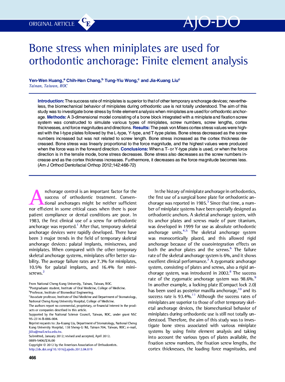 Bone stress when miniplates are used for orthodontic anchorage: Finite element analysis 