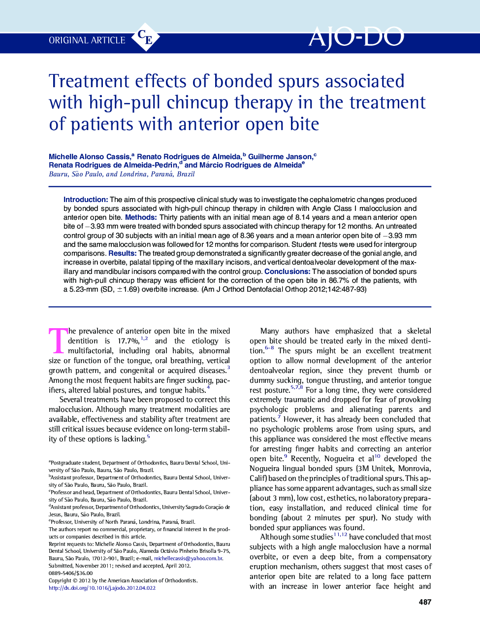 Treatment effects of bonded spurs associated with high-pull chincup therapy in the treatment of patients with anterior open bite 