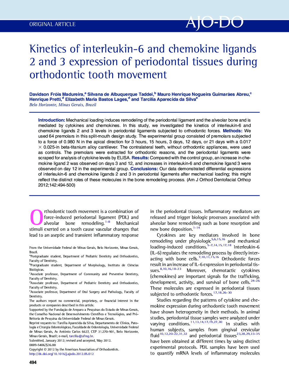 Kinetics of interleukin-6 and chemokine ligands 2 and 3 expression of periodontal tissues during orthodontic tooth movement 