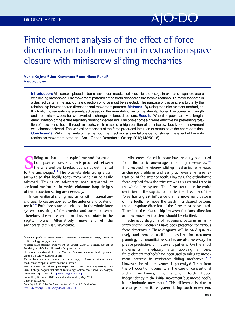 Finite element analysis of the effect of force directions on tooth movement in extraction space closure with miniscrew sliding mechanics 