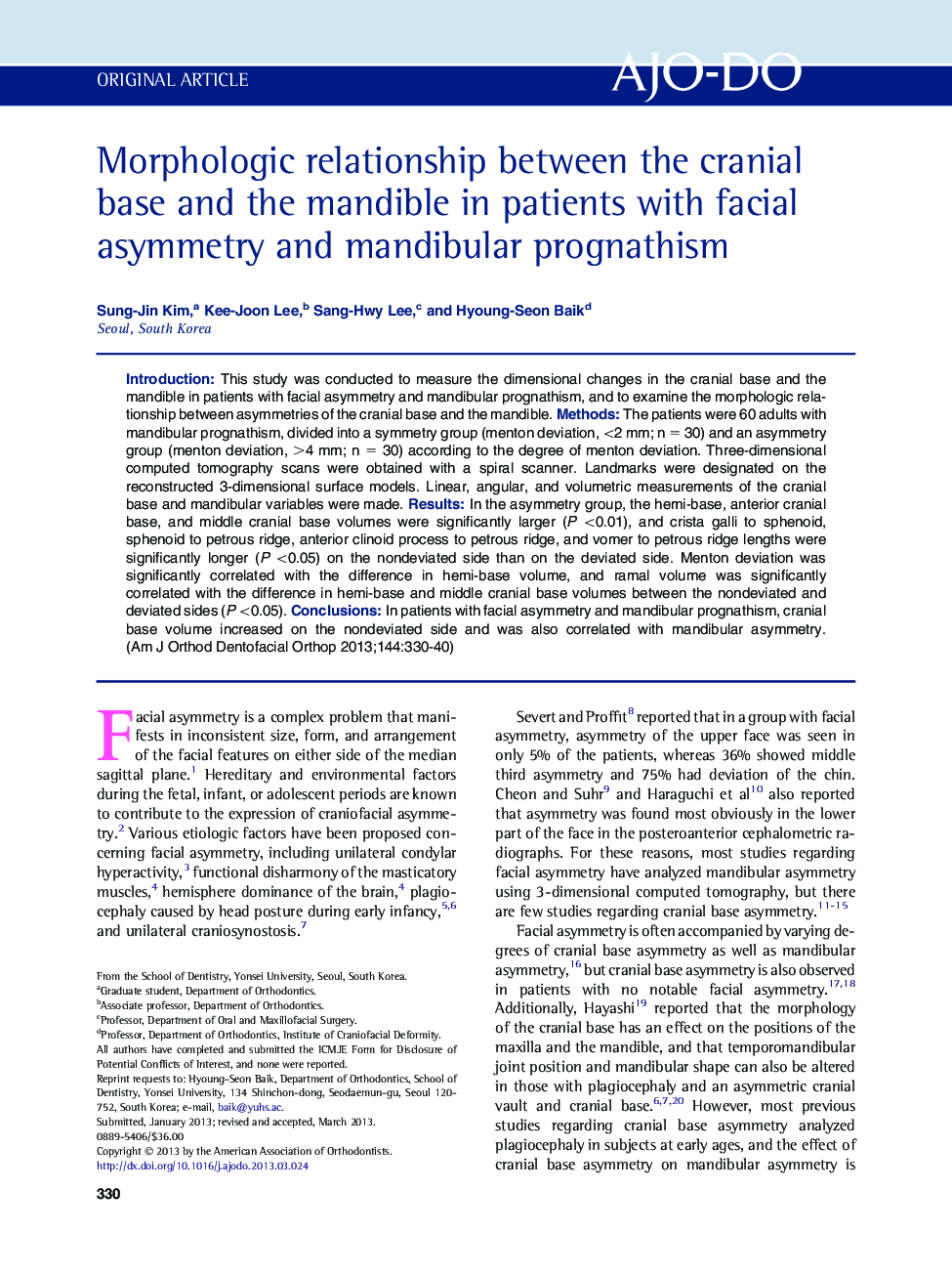 Morphologic relationship between the cranial base and the mandible in patients with facial asymmetry and mandibular prognathism 