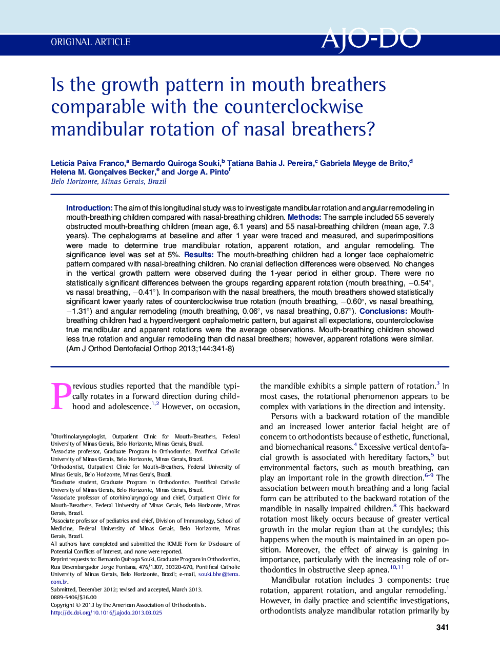 Is the growth pattern in mouth breathers comparable with the counterclockwise mandibular rotation of nasal breathers? 