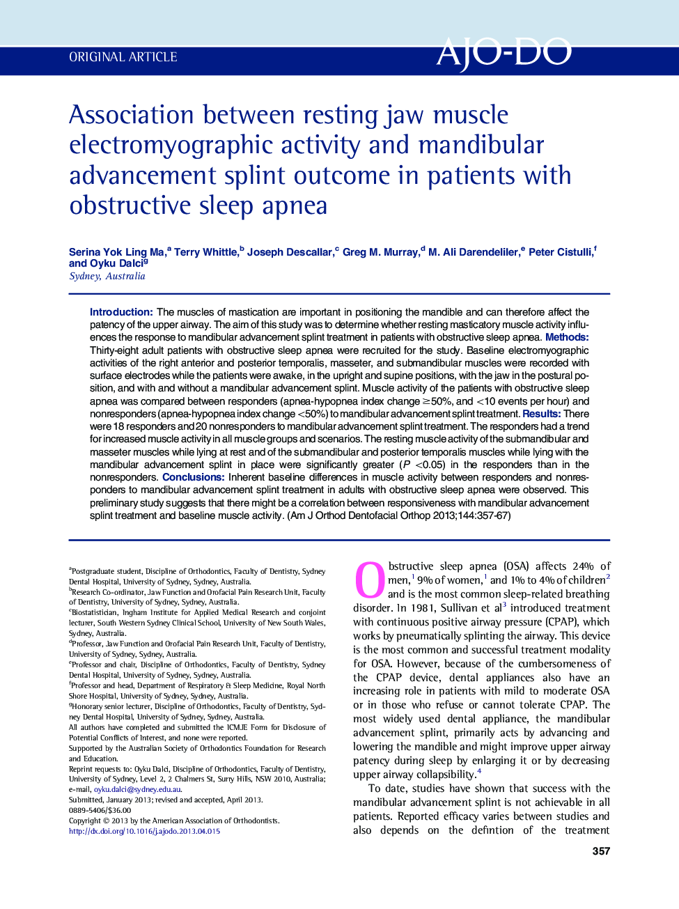 Association between resting jaw muscle electromyographic activity and mandibular advancement splint outcome in patients with obstructive sleep apnea 