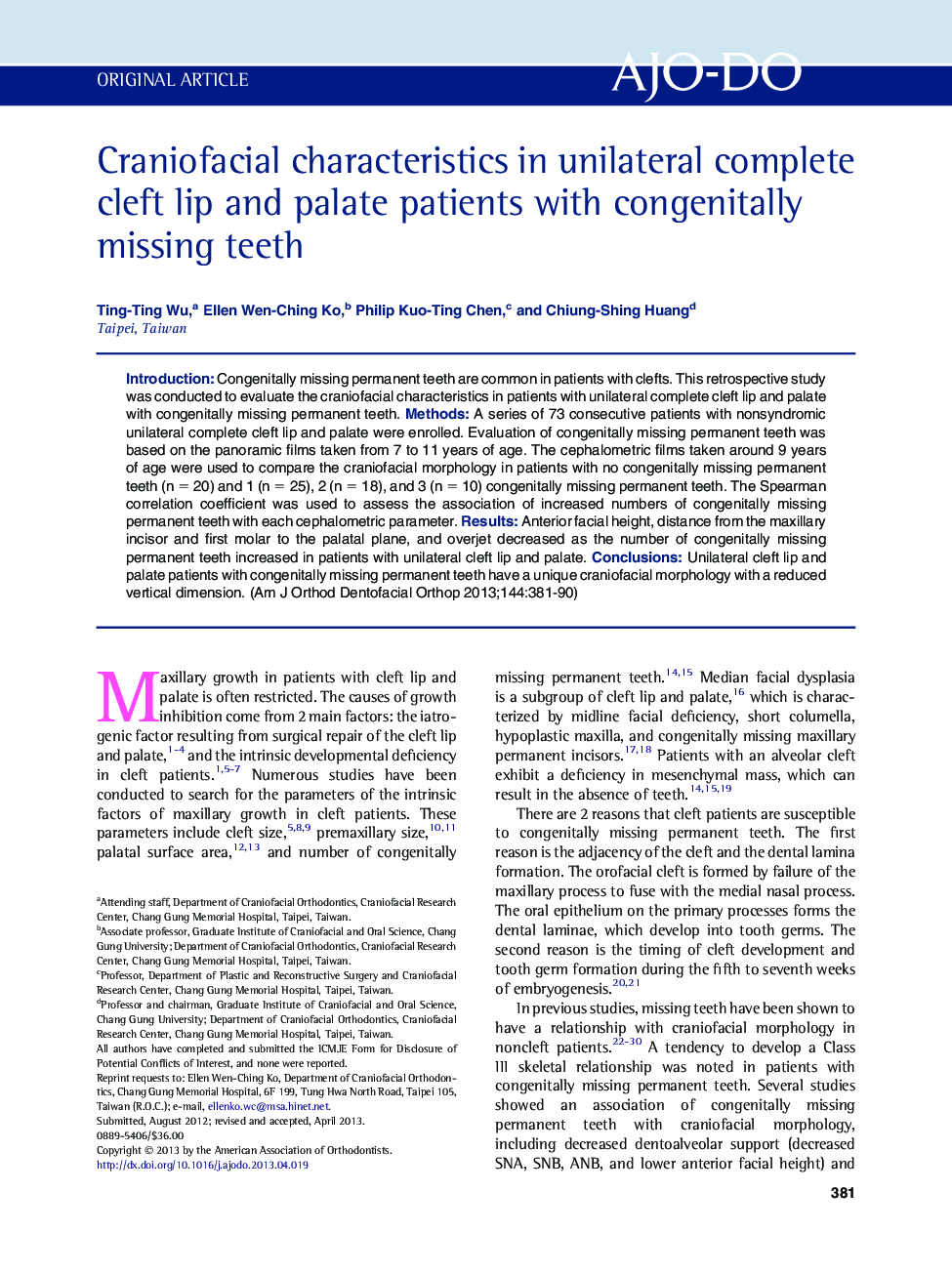 Craniofacial characteristics in unilateral complete cleft lip and palate patients with congenitally missing teeth 