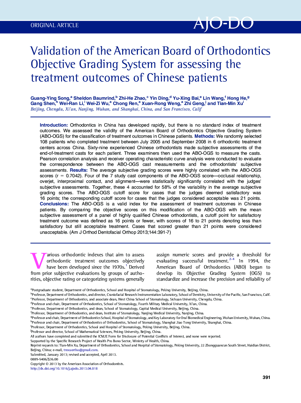 Validation of the American Board of Orthodontics Objective Grading System for assessing the treatment outcomes of Chinese patients 