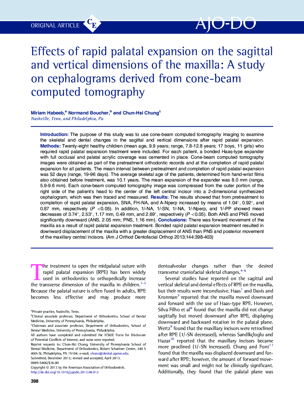 Effects of rapid palatal expansion on the sagittal and vertical dimensions of the maxilla: A study on cephalograms derived from cone-beam computed tomography 