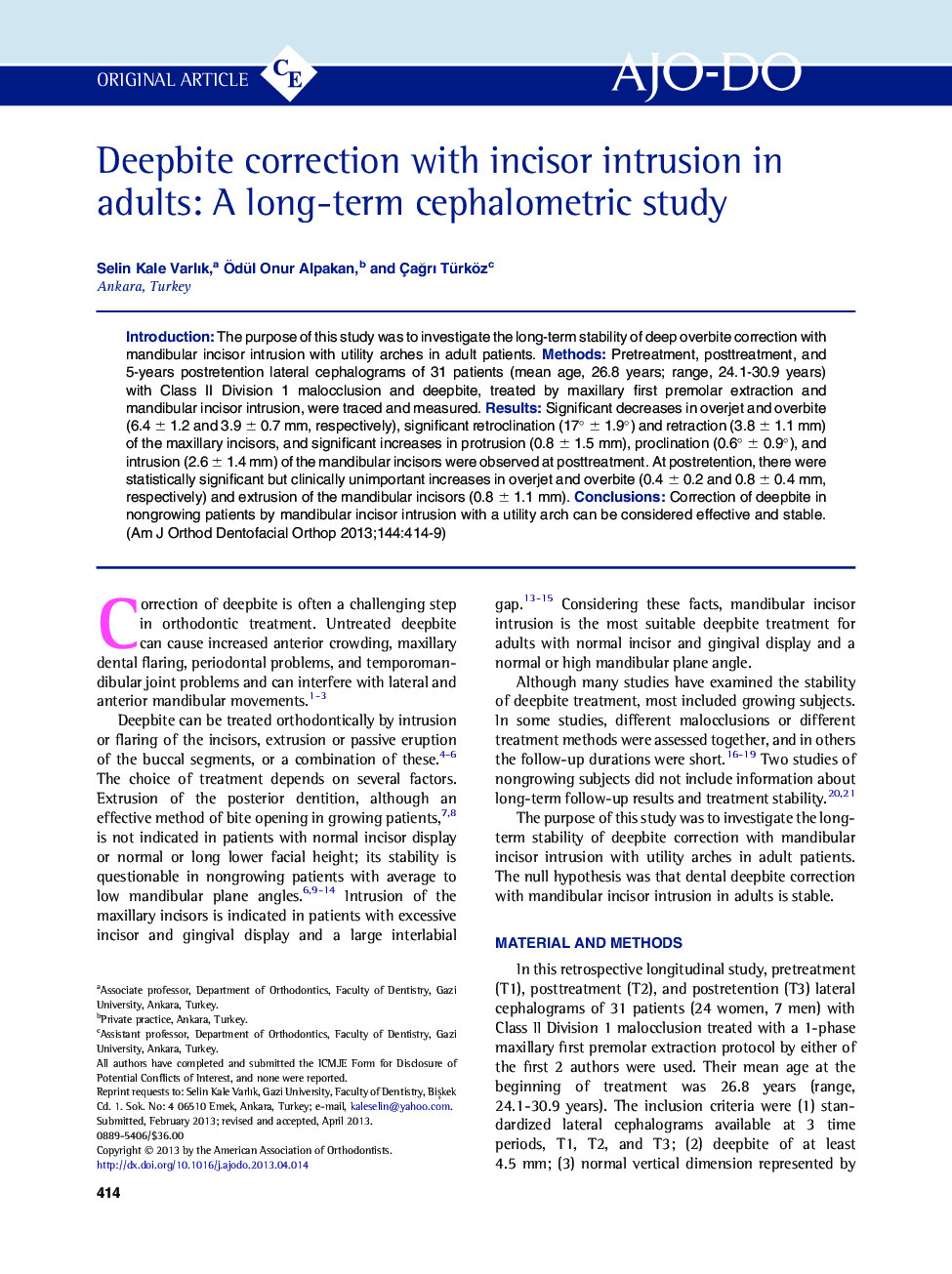 Deepbite correction with incisor intrusion in adults: A long-term cephalometric study 