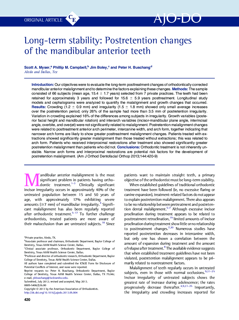 Long-term stability: Postretention changes of the mandibular anterior teeth 