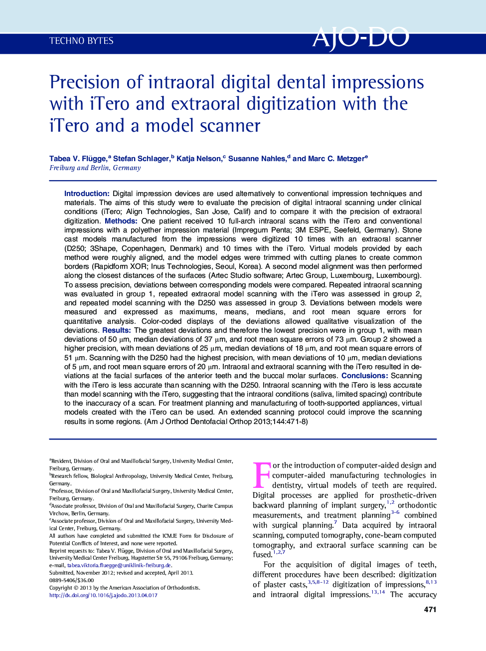 Precision of intraoral digital dental impressions with iTero and extraoral digitization with the iTero and a model scanner 