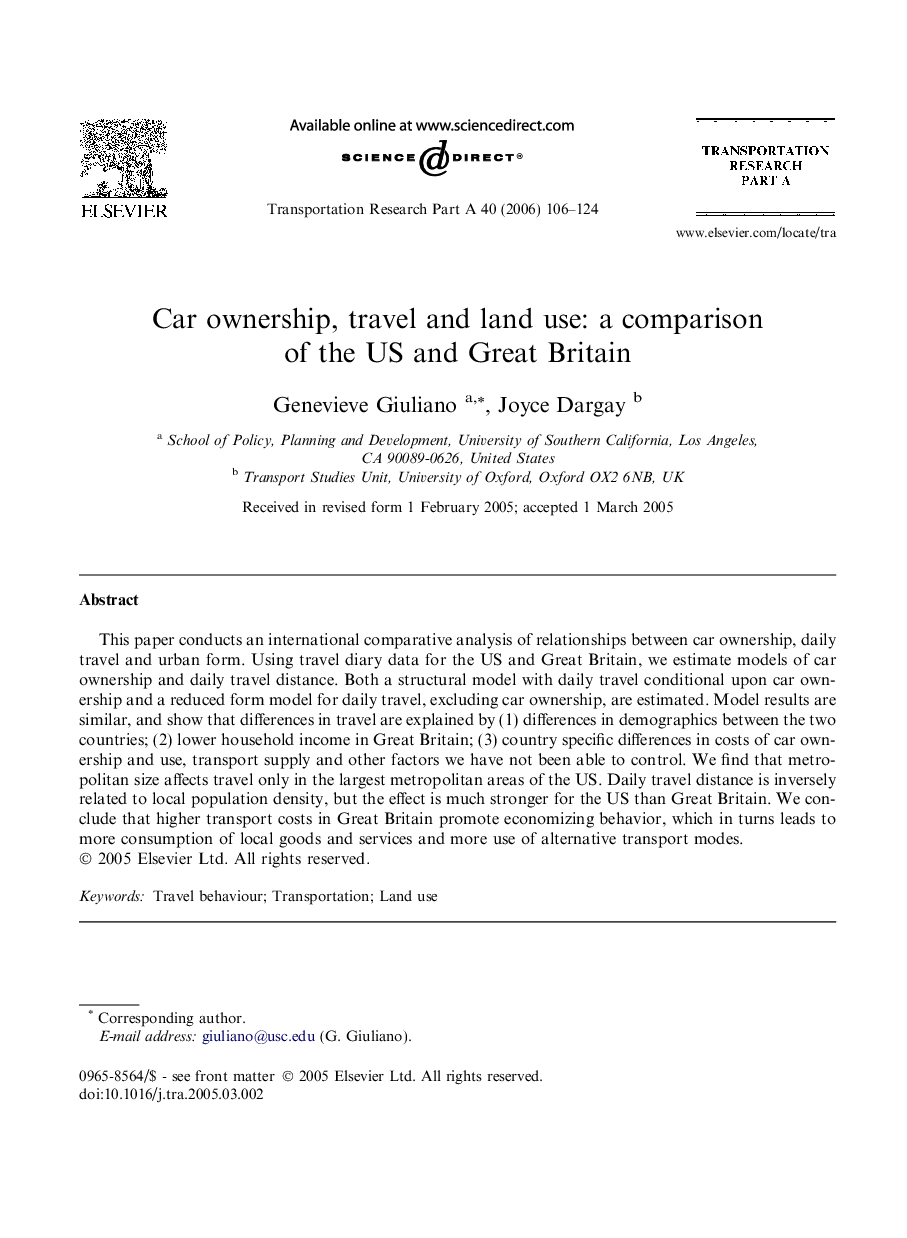 Car ownership, travel and land use: a comparison of the US and Great Britain