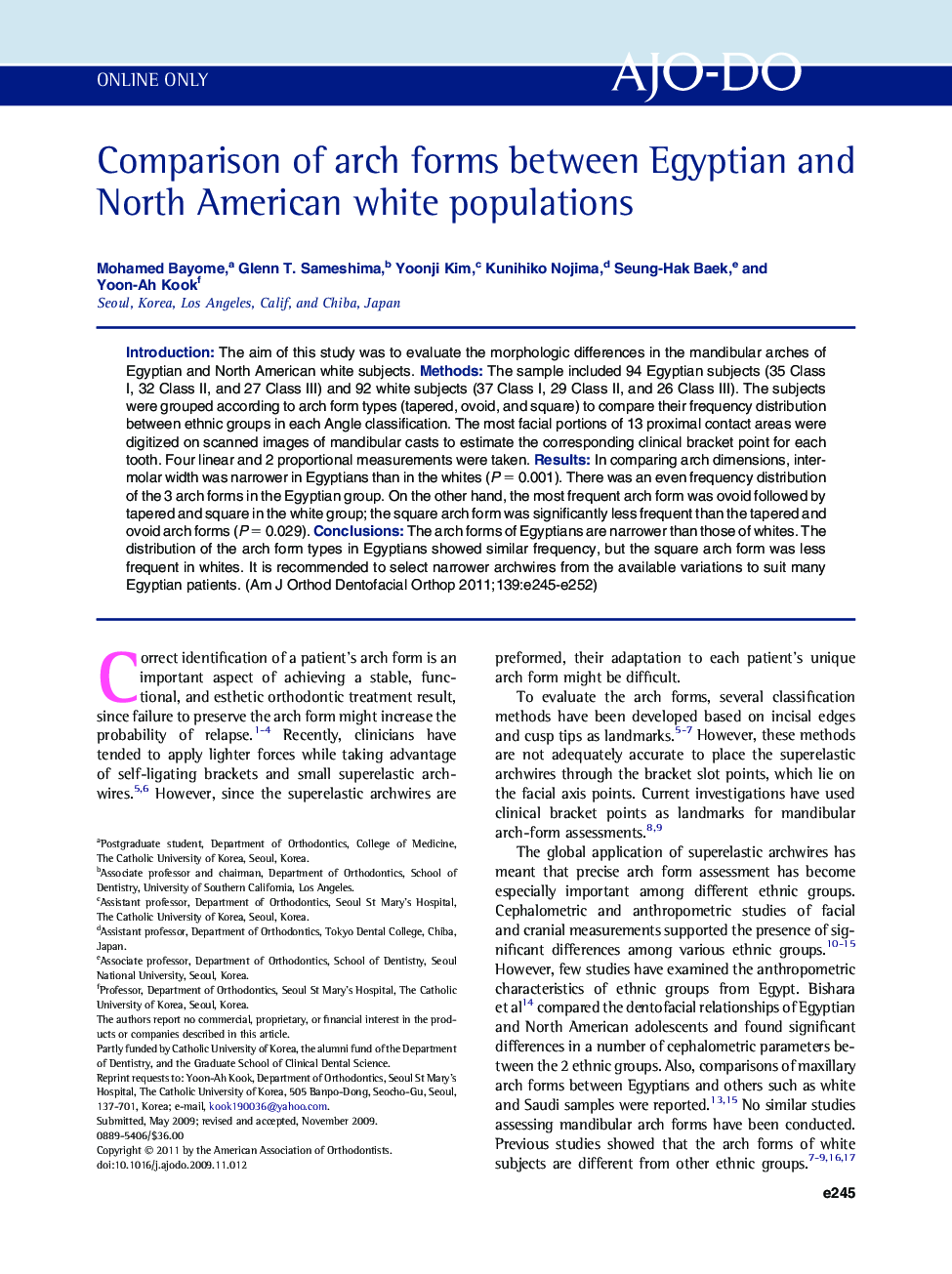 Comparison of arch forms between Egyptian and North American white populations 