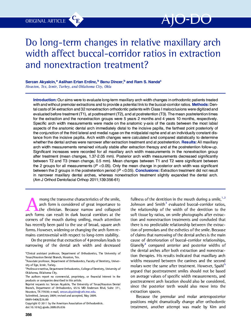 Do long-term changes in relative maxillary arch width affect buccal-corridor ratios in extraction and nonextraction treatment? 